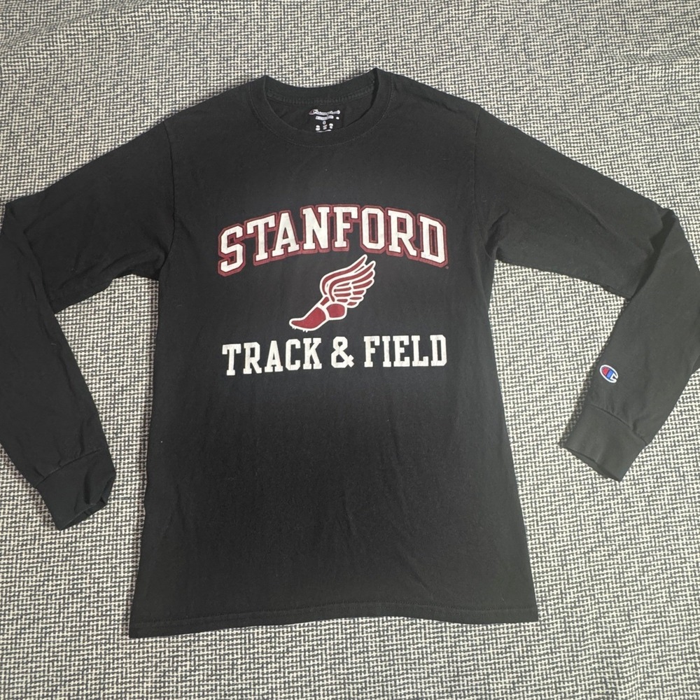 Champion Stanford Track & Field Long Sleeve Shirt Mens Small Black Collegiate